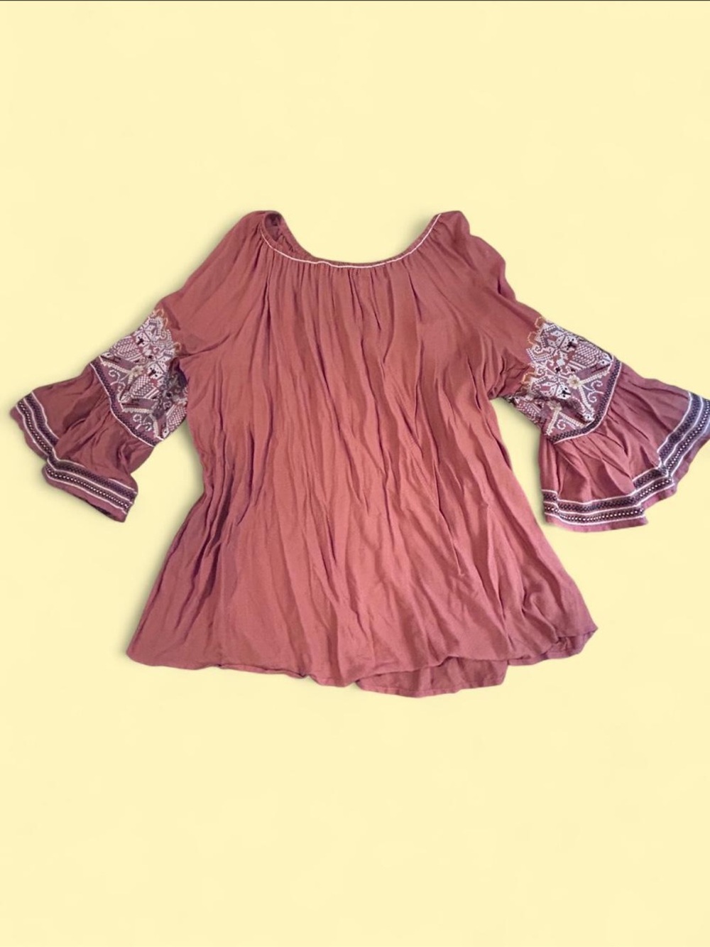 Womens Rust Embroidered Bell Sleeve Top